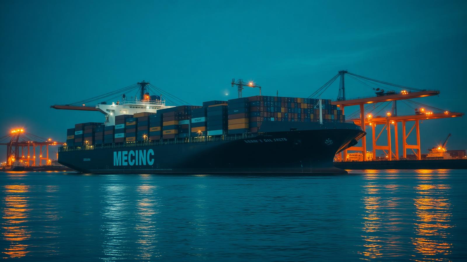 Container ship being loaded at an international port at dusk
